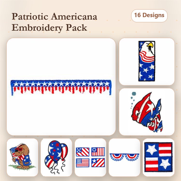 Patriotic Americana Embroidery Bundle – Eagle with Stars, American Flag, Fireworks & More (16 Designs)