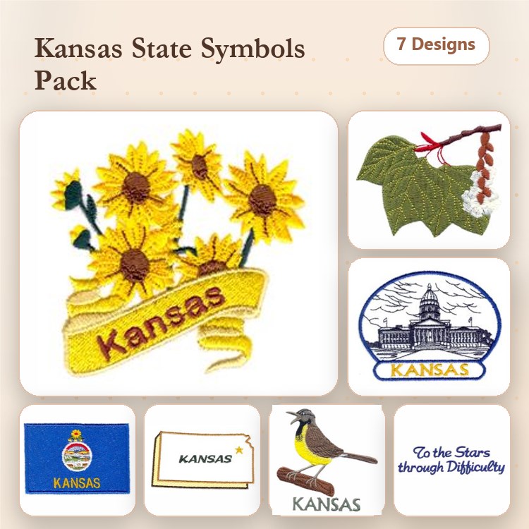 Kansas State Symbols Embroidery Bundle – Sunflower with Kansas Banner, Kansas Statehouse, Kansas Bird & More (7 Designs)