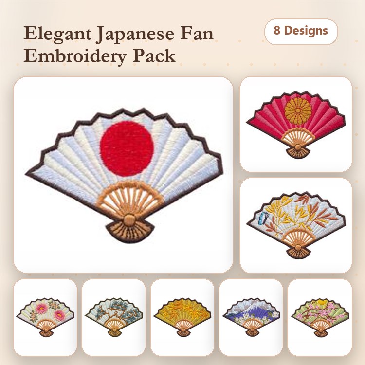 Elegant Japanese Fans Embroidery Designs Bundle – Japanese Fan with Red Circle, Pink Japanese Fan, & More (8 Designs)