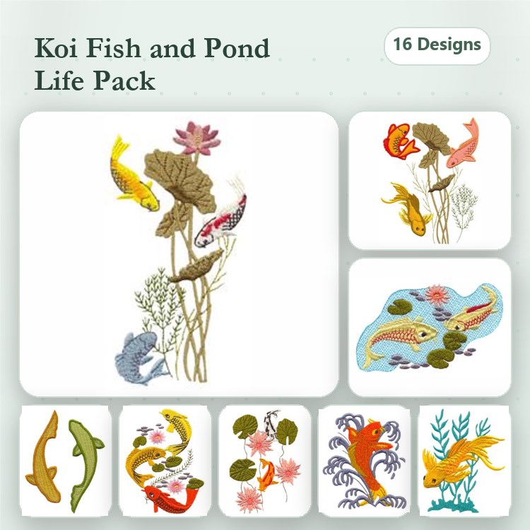 Koi Fish & Pond Life Embroidery Bundle – Koi, Lotus Flower, Underwater Plants & More (16 Designs)