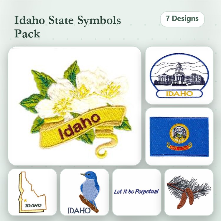 Idaho State Symbols Embroidery Bundle – State Flower, Capitol Building, Flag & More (7 Designs)