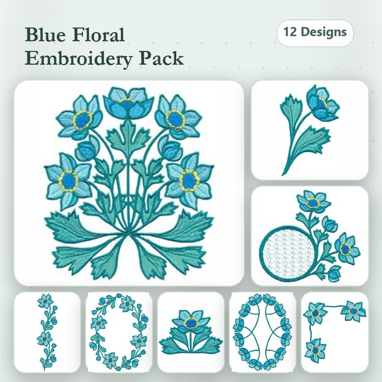 Blue Floral Embroidery Designs Bundle – Floral Bouquet, Single Flower, Flower Vine & More (12 Designs)