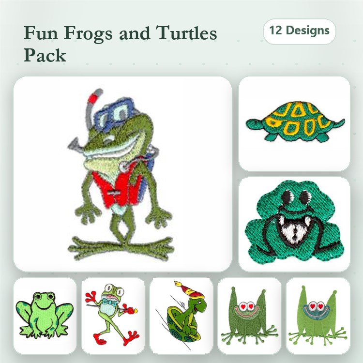 Frog & Turtle Embroidery Bundle – Adventurous Frog, Happy Frog, Frog with Glasses & More (12 Designs)