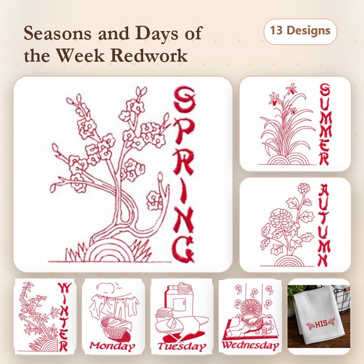 Redwork Seasons & Days Embroidery Designs Bundle – Spring Flower, Summer Floral, Autumn Arrangement, Winter Scene & More (13 Designs)
