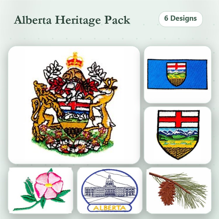 Alberta Heritage Embroidery Bundle – Coat of Arms, Wild Rose, Alberta Flag & More (6 Designs)