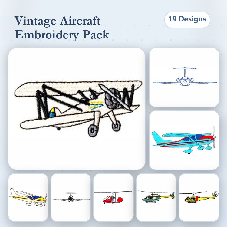 Vintage Aircraft Embroidery Designs Bundle – Biplane, Glider, Cessna & More (19 Designs)