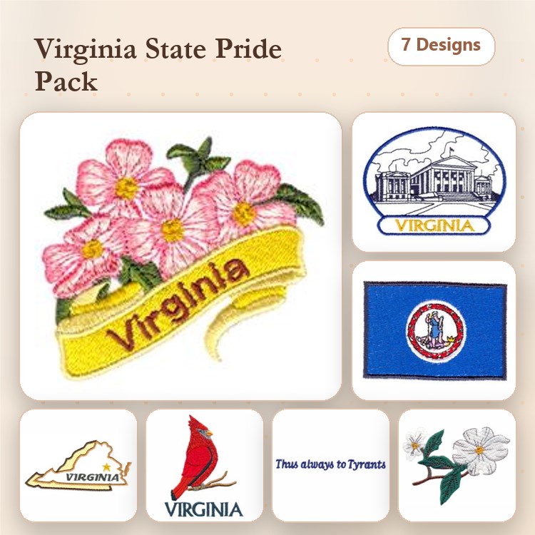 Virginia State-Themed Embroidery Designs Bundle – Cardinal, State Flower, Seal & More (7 Designs)