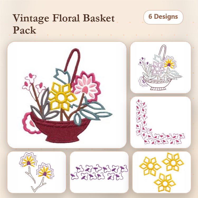 Floral Basket Embroidery Designs Bundle – Vintage Floral Basket, Floral Corner Design, Red Floral Arrangement & More (6 Designs)