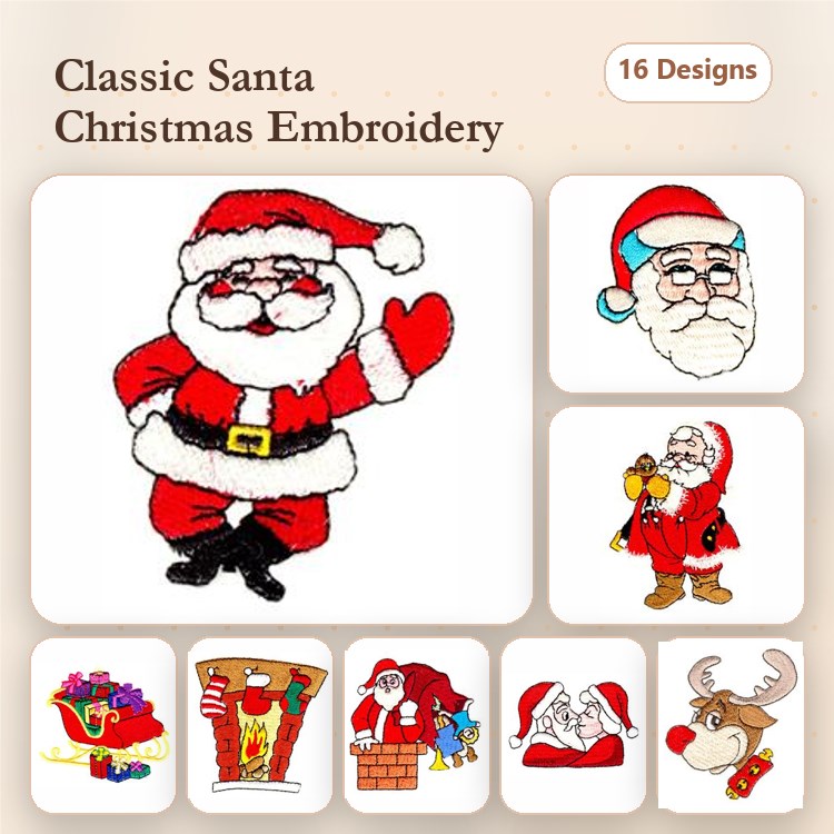 Santa Claus Embroidery Designs Bundle – Santa with Gifts, Santa Head, Reindeer with Red Nose & More (16 Designs)