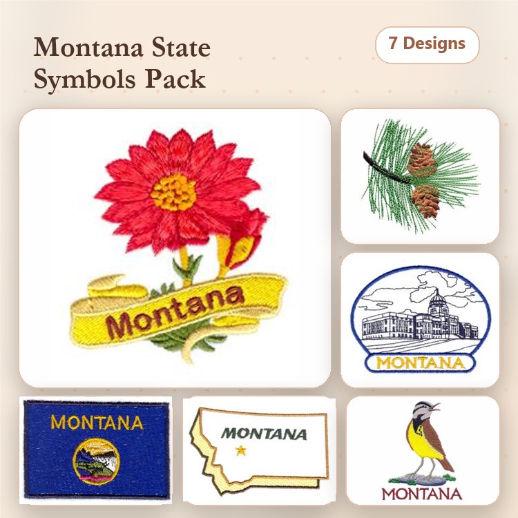 Montana State Symbols Embroidery Designs Bundle – Montana Flower, Montana Pine, Capitol & More (7 Designs)