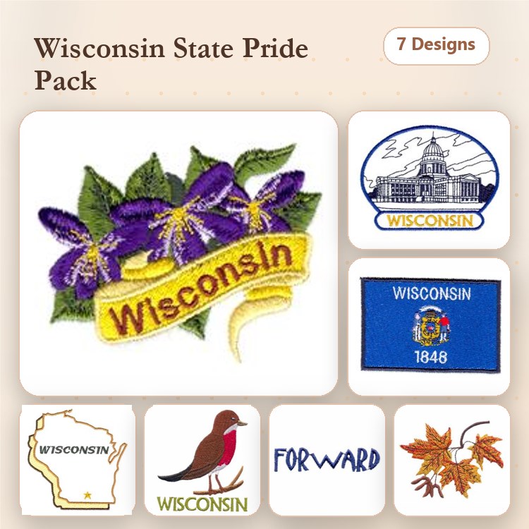 Wisconsin State Pride Embroidery Bundle – State Flower, Capitol, Cardinal & More (7 Designs)