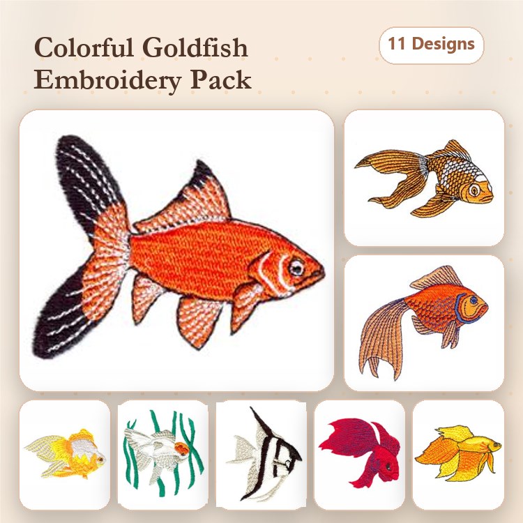Colorful Fish Embroidery Designs Bundle – Goldfish, Angelfish, Koi Fish & More (11 Designs)