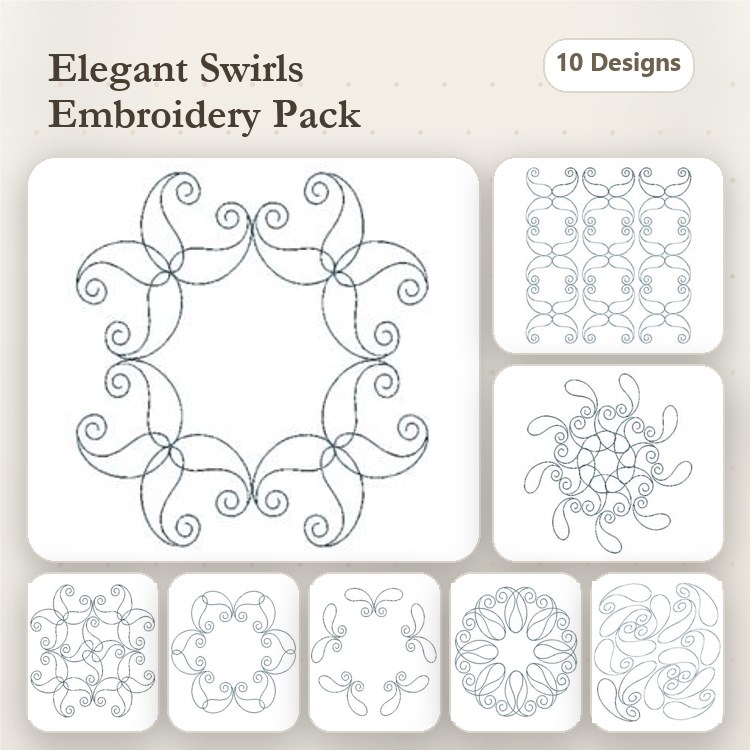 Redwork Elegant Swirl Embroidery Bundle – Swirl Frame, Floral Swirl, Elegant Twirls & More (10 Designs)