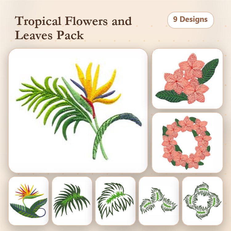 Tropical Flowers and Leaves Embroidery Bundle – Bird of Paradise, Hibiscus Flower, Flower Wreath & More (9 Designs)