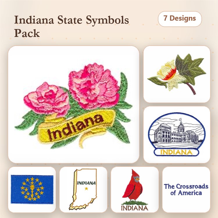 Indiana State Symbols Embroidery Designs Bundle – Peony Flower, State Seal, Cardinal Bird & More (7 Designs)