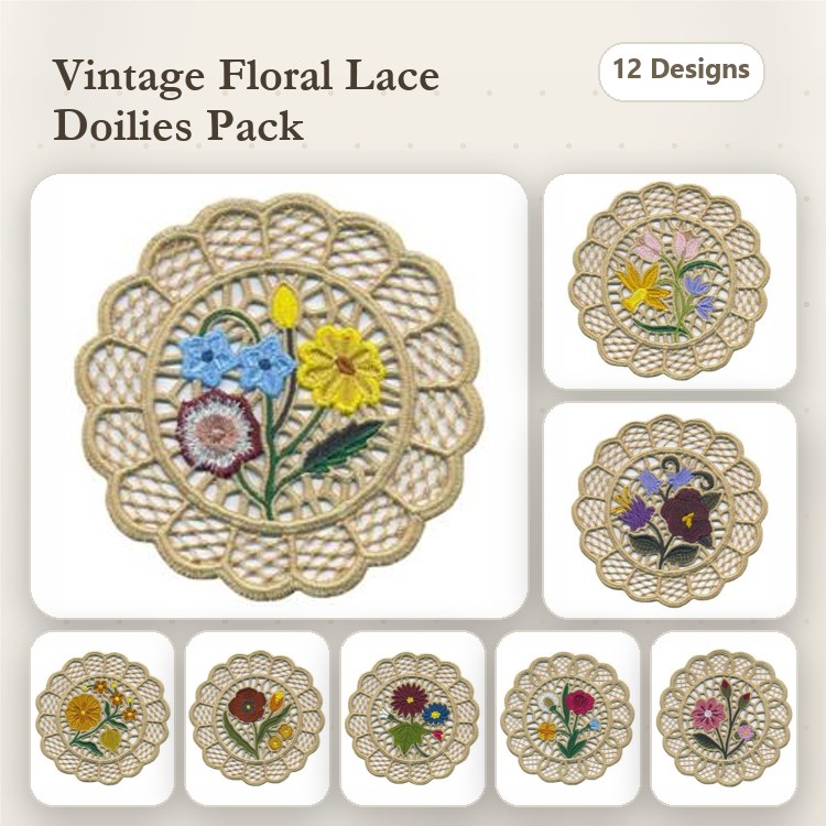 FSL Floral Lace Doilies Embroidery Bundle – Blue, Yellow, Multi-Colored, & More (12 Designs)