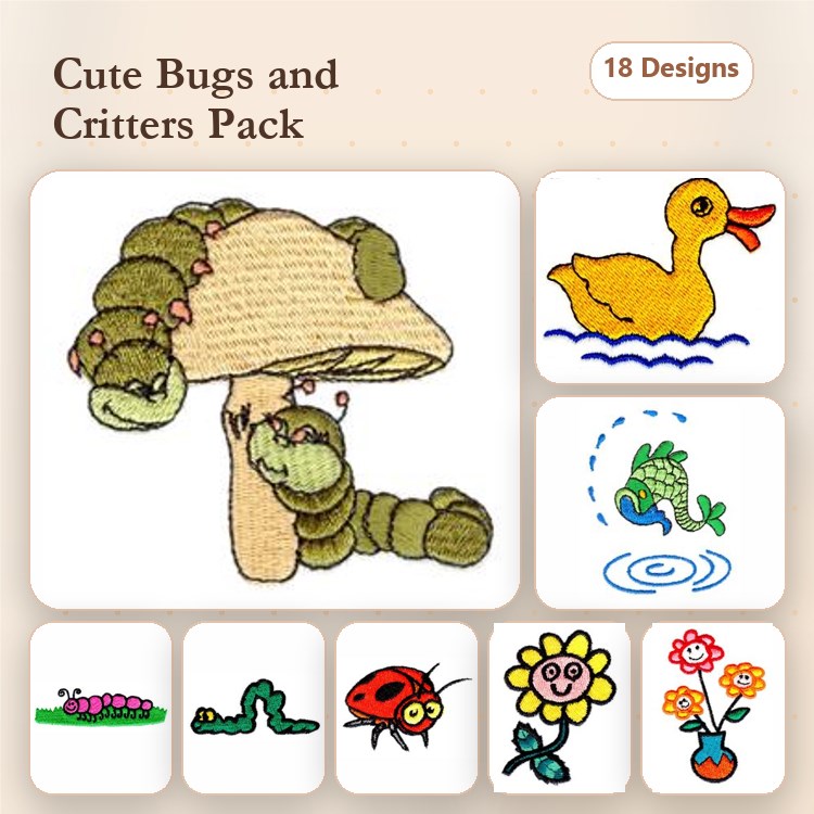Cute Insects & Animals Embroidery Designs Bundle – Caterpillar on Mushroom, Duckling, Turtle in Water & More (18 Designs)