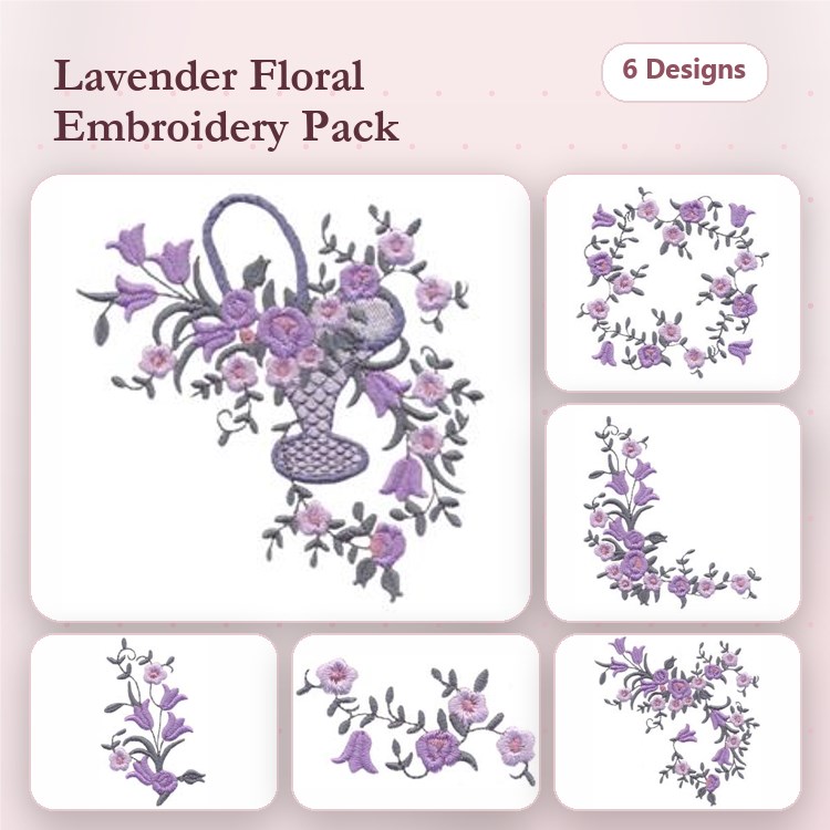 Lavender Floral Embroidery Designs Bundle – Flower Basket, Floral Wreath, Vine & More (6 Designs)