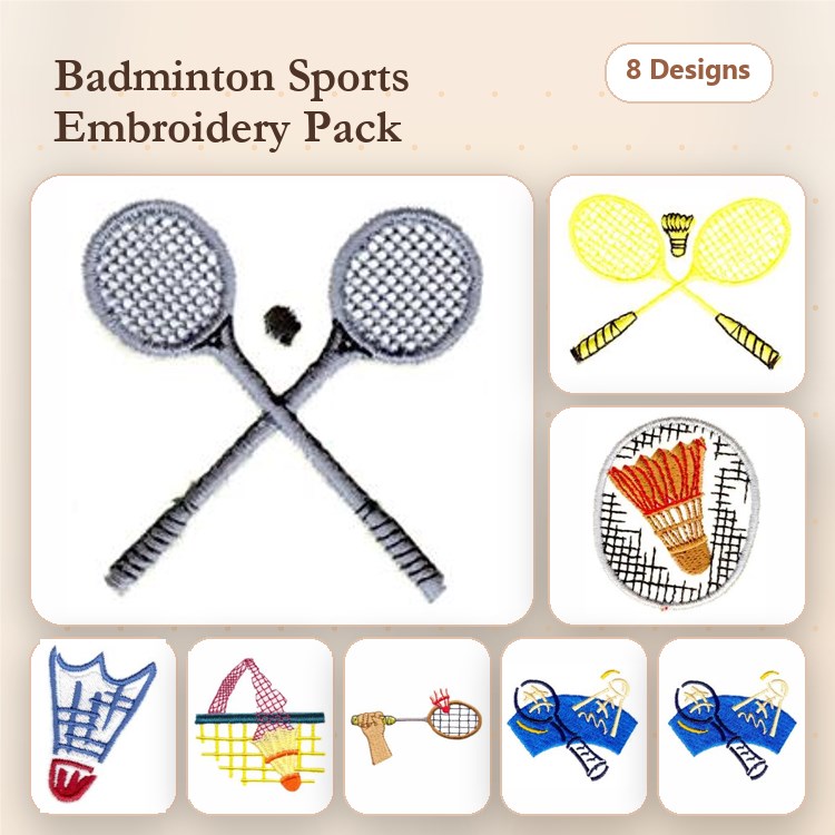 Badminton Sports Embroidery Bundle – Rackets, Shuttlecock, Court & More (8 Designs)