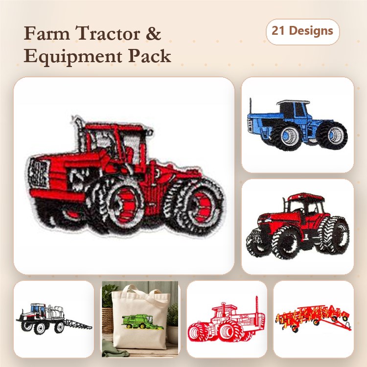 Farm Equipment Embroidery Bundle – Red & Blue Tractors, Farm Trailer & More (21 Designs)