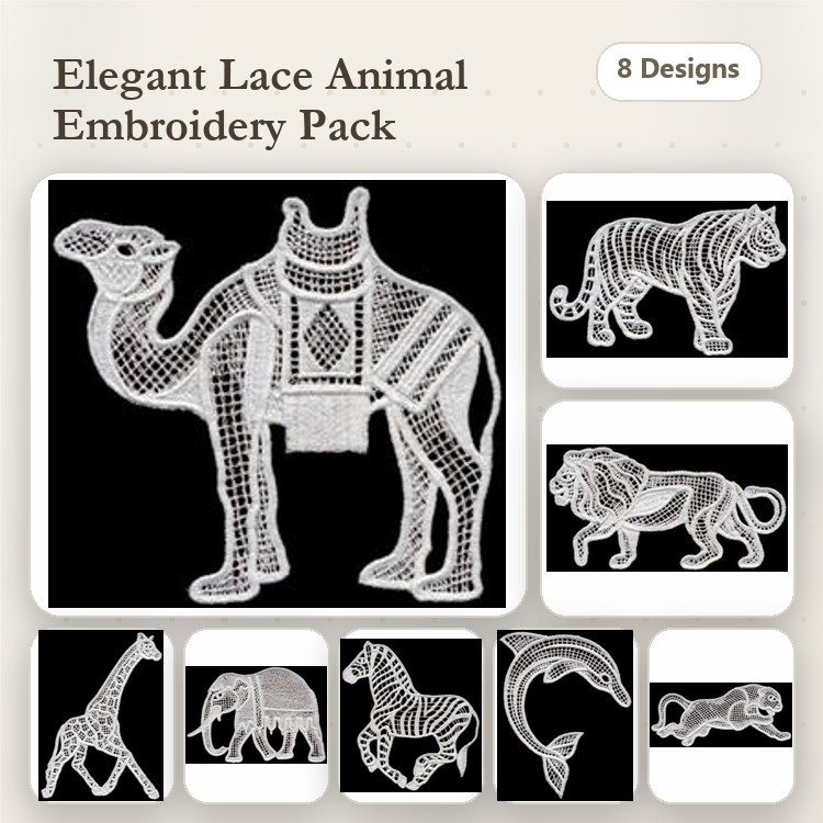 FSL Animal Lace Embroidery Bundle – Camel, Tiger, Lion, Giraffe & More (8 Designs)