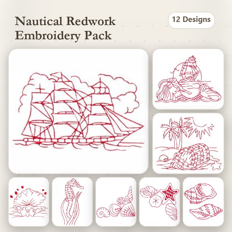 Redwork Nautical Embroidery Designs Bundle – Sailing Ship, Seashells Collection, Tropical Island & More (12 Designs)