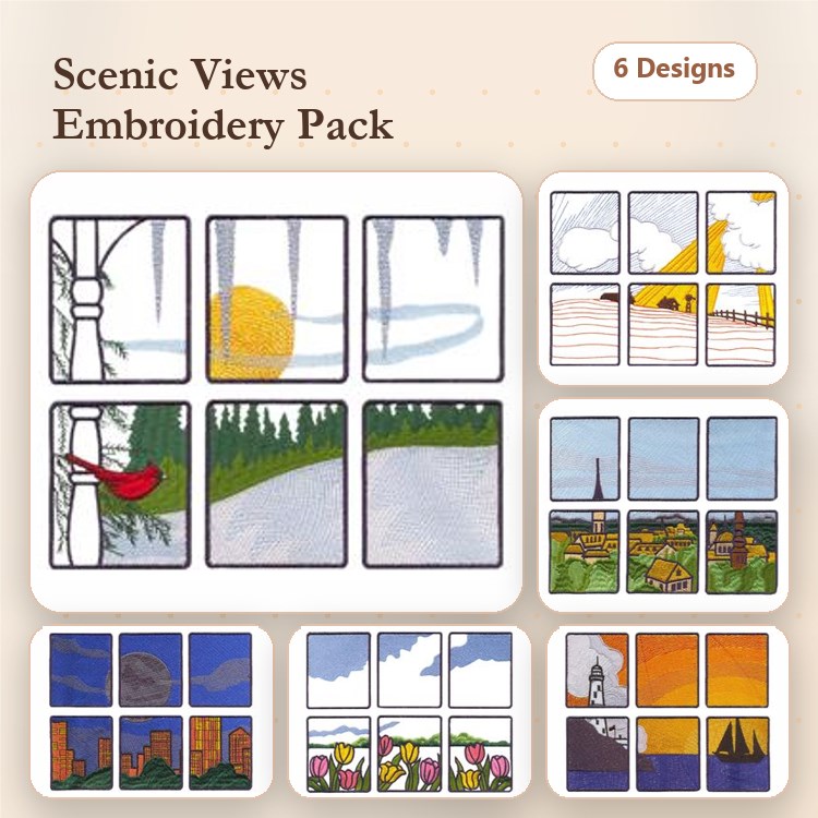 Scenic Views Embroidery Bundle – Sunrise Over Mountains, Winter Landscape, Red Cardinal & More (6 Designs)