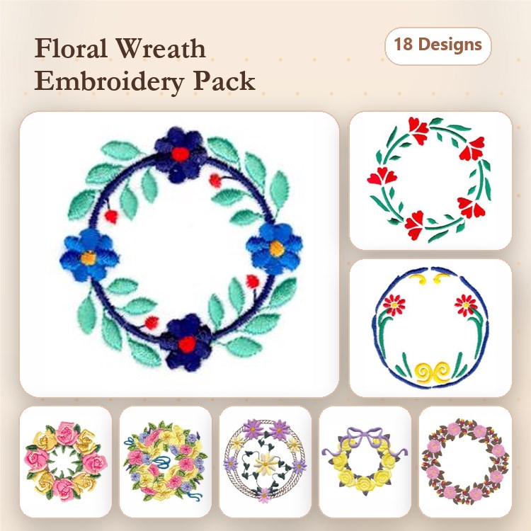 Floral Wreaths Embroidery Designs Bundle – Blue Flower, Red Flower, Colorful Floral & More (18 Designs)
