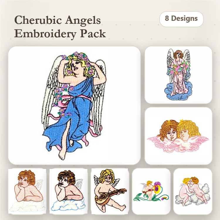 Cherubic Angels Embroidery Designs Bundle – Angel with Pink Ribbon, Cherubic Angel Playing Guitar, & More (8 Designs)