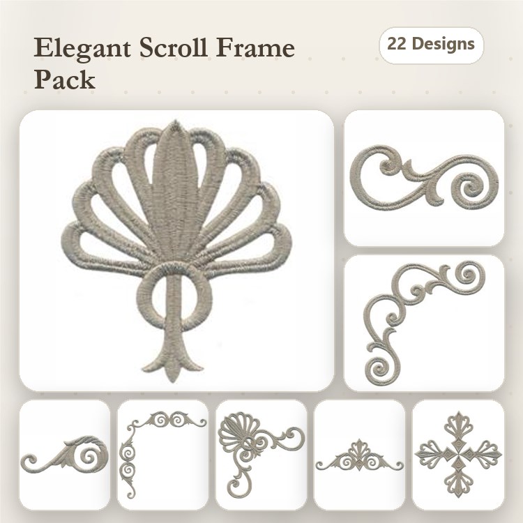 Elegant Scroll Frames Embroidery Bundle – Ornate Corner, Curly Embellishments, & More (22 Designs)