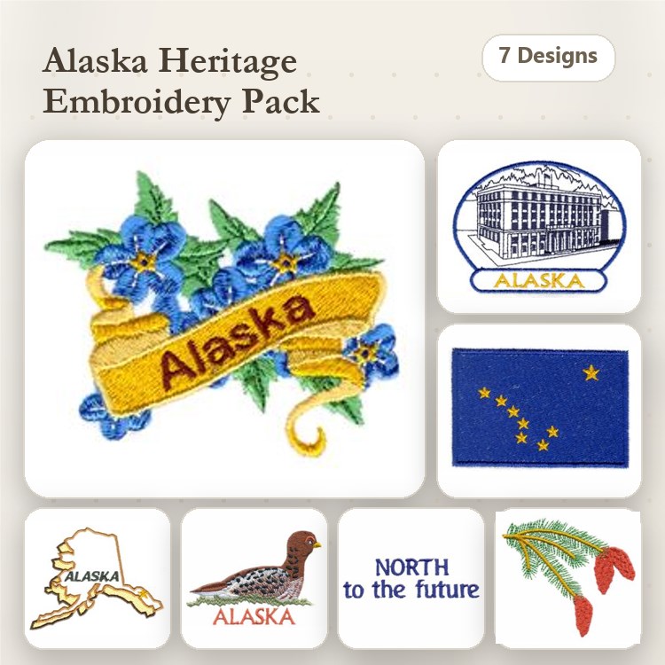 Alaska Embroidery Designs Bundle – Alaska Flower, State Outline, Banner & More (7 Designs)