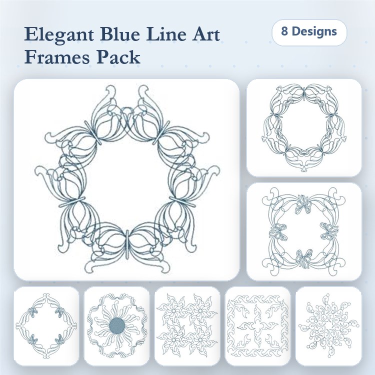 Redwork Elegant Blue Line Art Embellishment Bundle – Circular Frame, Ornate Square Frame, Floral Frame & More (8 Designs)