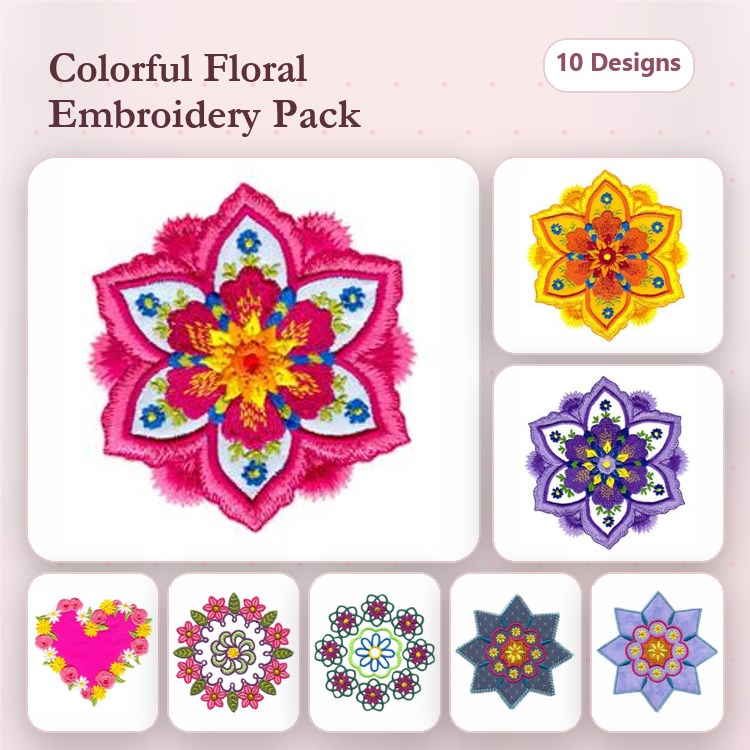 Floral Embroidery Designs Bundle – Colorful Floral Motifs, Patterns, Mandalas & More (10 Designs)