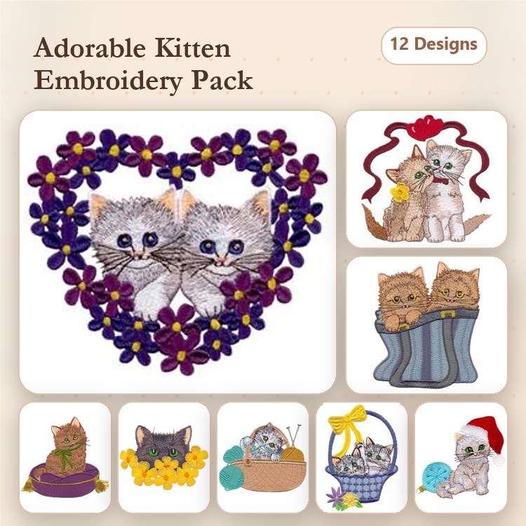 Kitten-Themed Embroidery Bundle – Kittens in Heart, Kittens with Flowers, Kittens with Santa Hat & More (12 Designs)