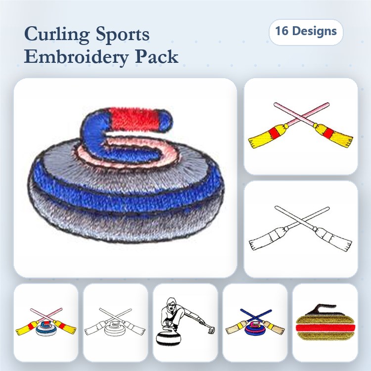 Curling Sports Embroidery Bundle – Curling Stone, Crossed Brooms, Curling Player & More (16 Designs)