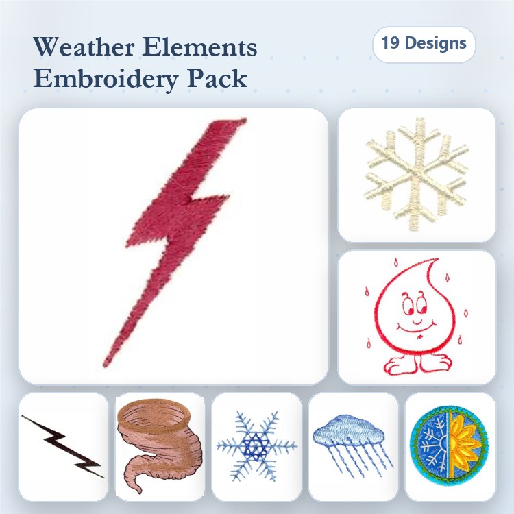 Weather Elements Embroidery Designs Bundle – Lightning Bolt, Snowflake, Rain Cloud & More (19 Designs)