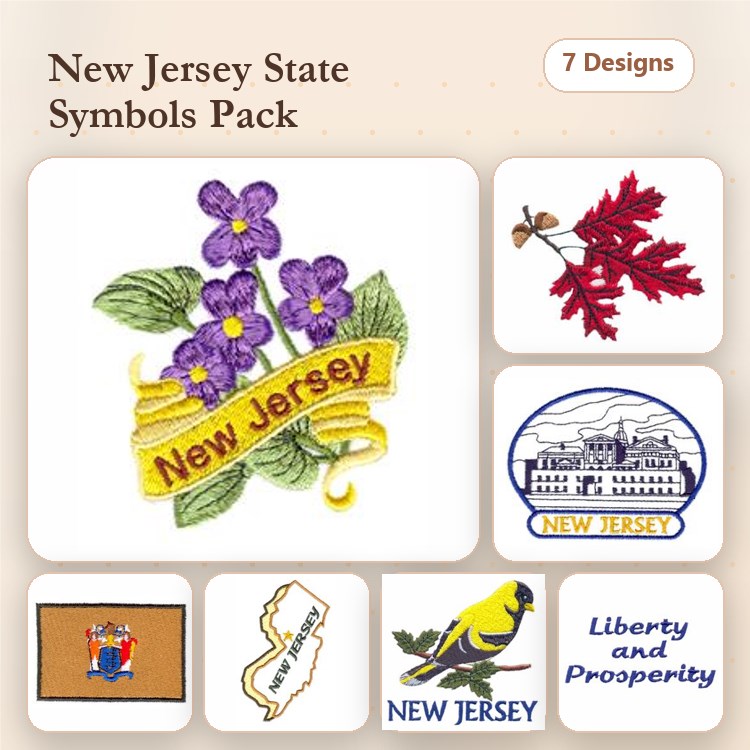 New Jersey State Symbols Embroidery Bundle – Violet with Banner, Maple Leaf, Cardinal Bird & More (7 Designs)