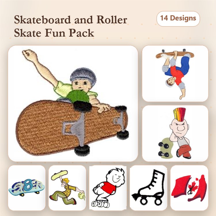 Skateboarding & Roller Skating Embroidery Designs Bundle – Skateboarder Boy, Roller Skater Boy, Funny Skater & More (14 Designs)