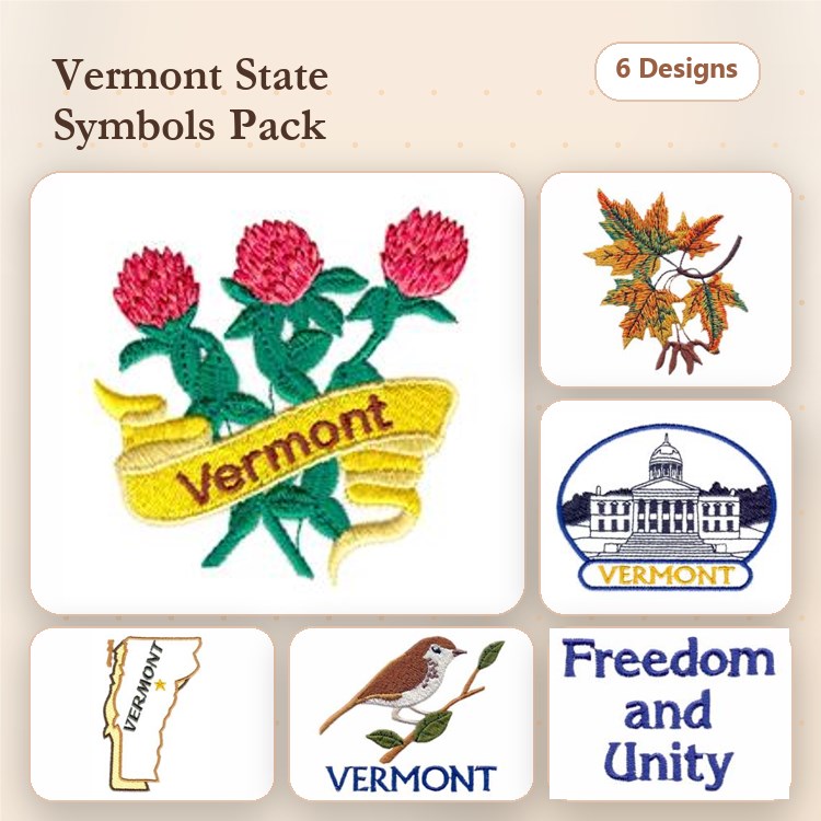 Vermont State Symbols Embroidery Bundle – State Flower, State Tree, Capitol & More (6 Designs)
