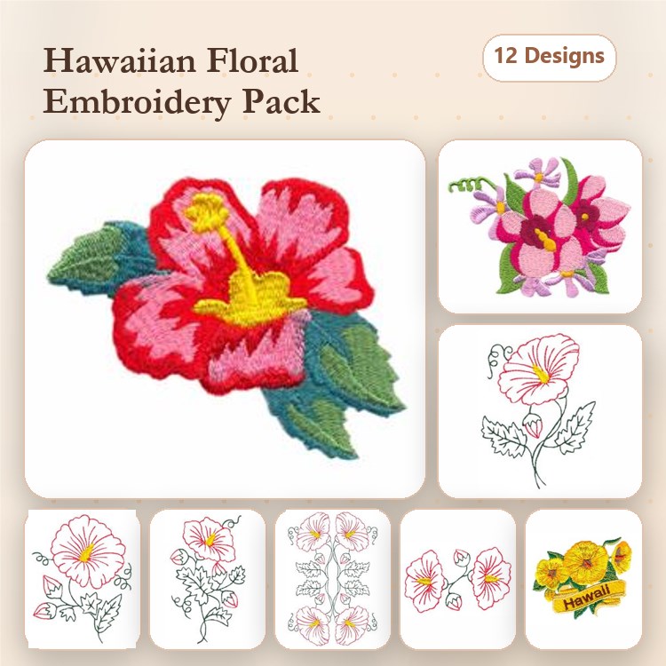 Hawaiian Floral Embroidery Designs Bundle – Hibiscus Flower, Orchid Flower, Tropical Leaf & More (12 Designs)