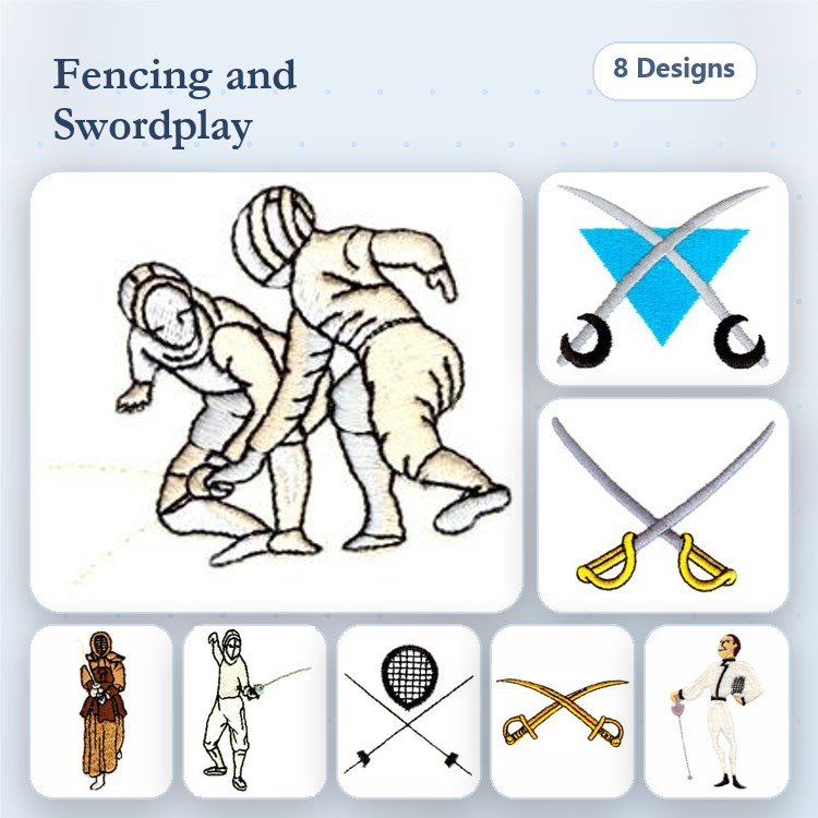 Fencing and Swordplay Embroidery Designs Bundle – Fencing Duel, Sword Fighting, Crossed Swords & More (8 Designs)