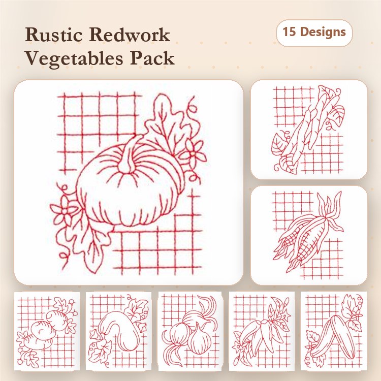 Redwork Rustic Vegetable Embroidery Designs Bundle – Pumpkin with Leaves, Corn with Cob, Carrot & More (15 Designs)