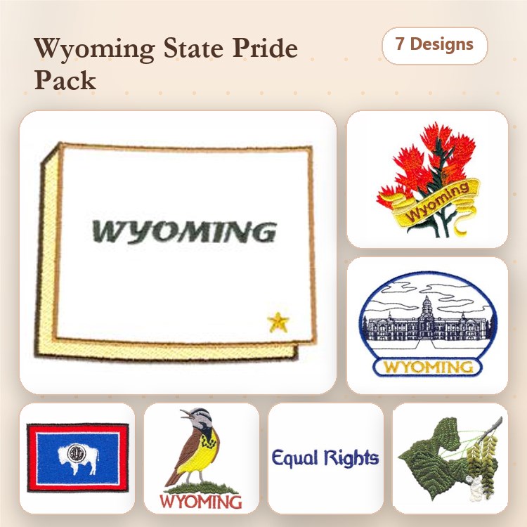 Wyoming State Pride Embroidery Designs Bundle – Wyoming Text, State Flower, State Bird & More (7 Designs)