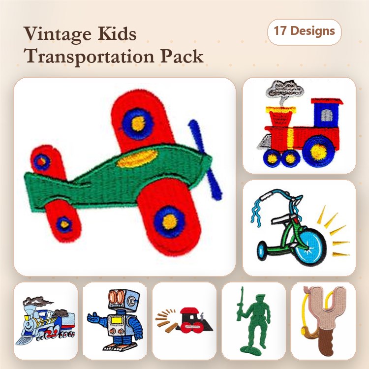 Kids Transportation Embroidery Designs Bundle – Airplane, Train, Bicycle, Robot & More (17 Designs)