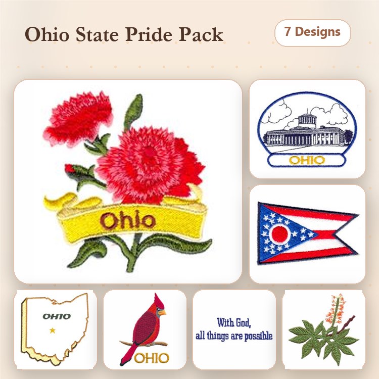 Ohio State Pride Embroidery Bundle – Carnation with Ohio Banner, Ohio Flag, Ohio Statehouse & More (7 Designs)