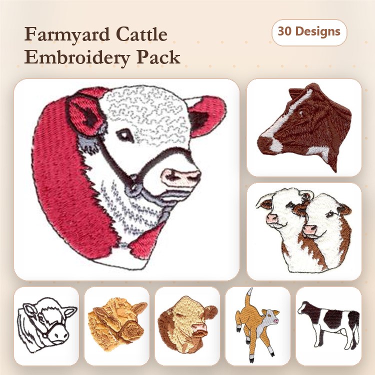 Farmyard Cattle Embroidery Designs Bundle – Angus Cow, Hereford Cow, Calf & More (30 Designs)