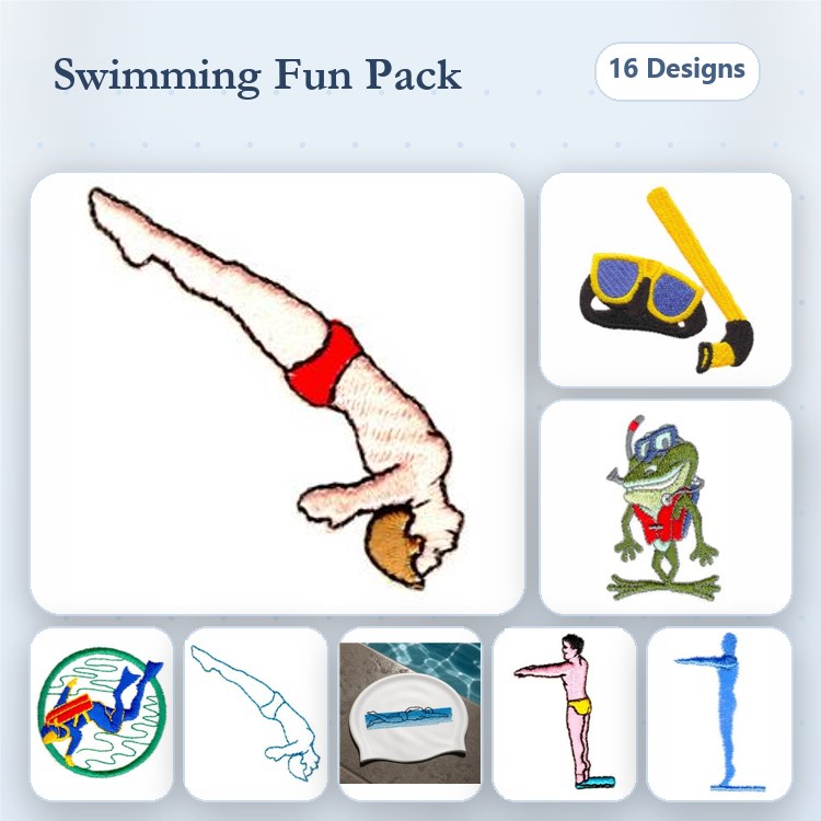 Swimming Activities Embroidery Designs Bundle – Diver, Snorkel Gear, Swimming Frog & More (16 Designs)