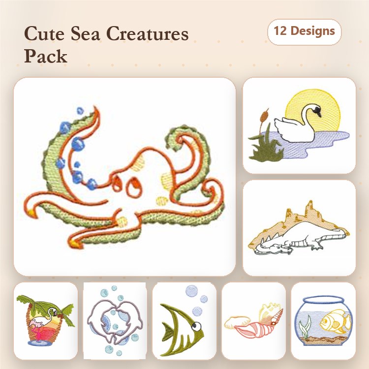 Sea Creatures Embroidery Bundle – Octopus, Shark, Fishbowl & More (12 Designs)