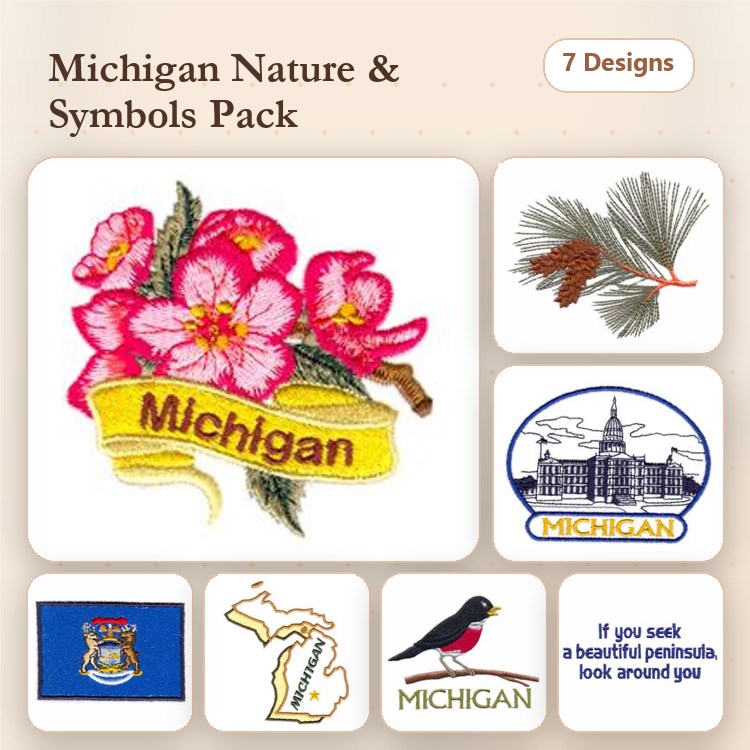 Michigan Nature Embroidery Designs Bundle – Cherry Blossom, State Emblem, Robin Bird & More (7 Designs)