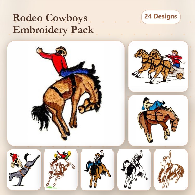Rodeo Cowboys Embroidery Designs Bundle – Bucking Bronco, Rodeo Clown, Cowboy with Lasso & More (24 Designs)